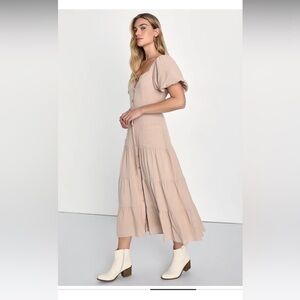 Lulus Beige Puff Sleeve Tiered Midi Dress With Pockets